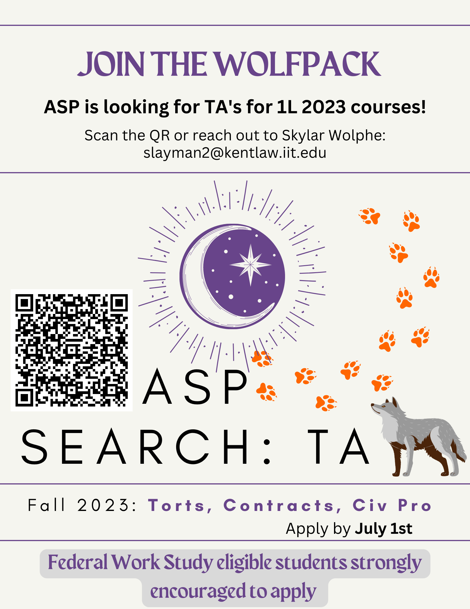 A poster with a moon and pawprints that says "Join the Wolfpack!" and encourages Federal Workstudy Eligible students to apply. Clicknig the poster takes you to the google form application
